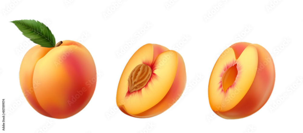 Set of whole and sliced peach fruits isolated on transparent background Set of whole and sliced peach fruits isolated on transparent background