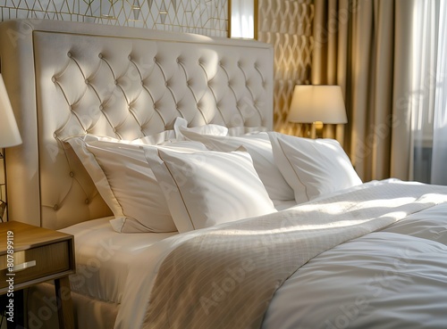 luxurious bed with white and beige bedding, surrounded by an elegant fabric headboard