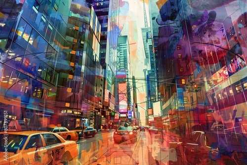 Capture the essence of a bustling cityscape through a kaleidoscope of vibrant colors and geometric shapes  blending traditional acrylic strokes with sleek CG 3D renderings