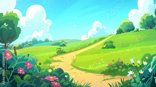 Modern illustration of summer countryside with pastures  grass and farmland with green agriculture fields  paths and flowers.