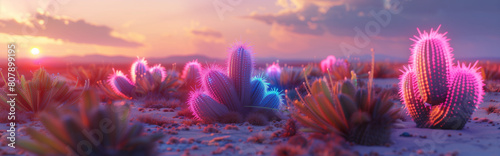 Neon desert  glowing cacti at sunset. Minimal neon futuristic landscape.