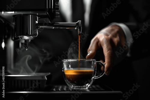A coffee machine prepares coffee, a businessman in a suit. Monochrome sepia © Marat