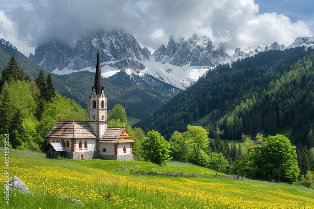 A small church stands in a field, mountains in the background A small church stands in a field, mountains in the background