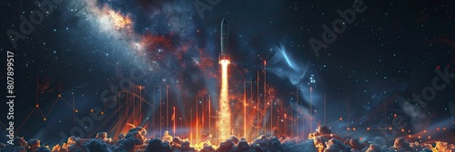 Witness the seamless fusion of business acumen and pioneering exploration as a rocket soars over a bar graph in the vast expanse of space. photo