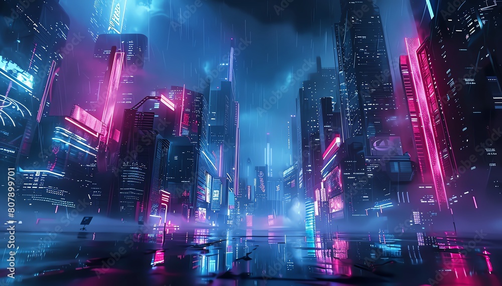 Capture the fusion of urban exploration and AI with a futuristic cityscape at a dramatic tilted angle Incorporate sleek skyscrapers
