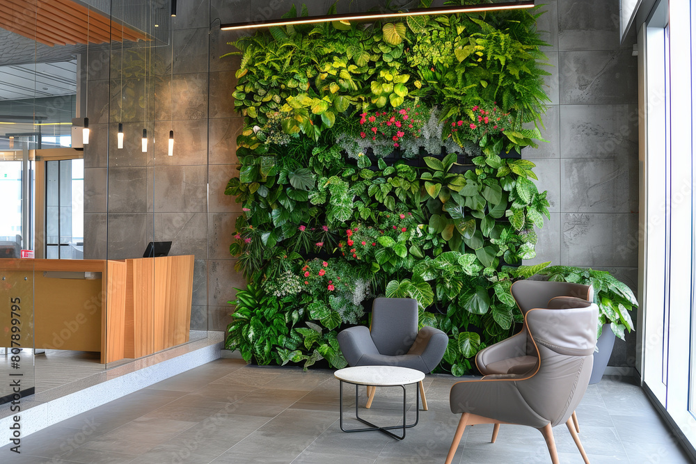 A vibrant green wall serves as a focal point in a sleek, modern office space filled with natural light and contemporary furnishings