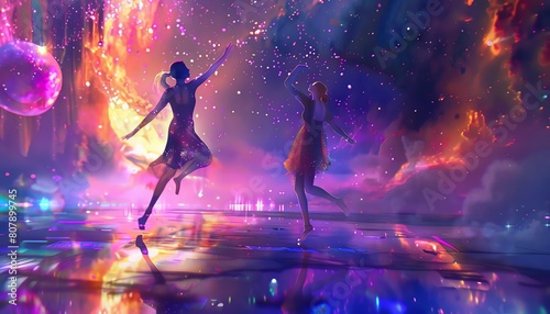 Capture the futuristic Utopian Dreams with dancers elegantly moving in surrealistic forms against a cosmic backdrop, depicted with vibrant CG 3D aesthetics