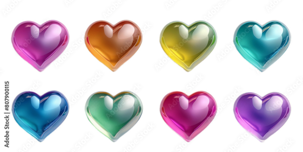 Set of 3d cartoon colorful hearts isolated on transparent background