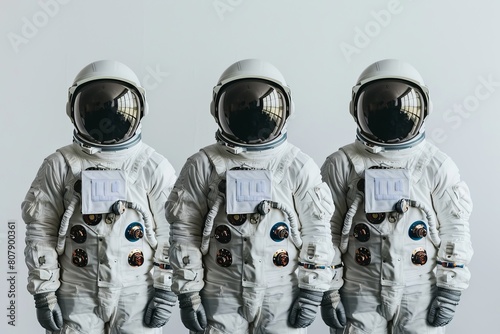 Three astronauts standing together for science and space endeavors photo