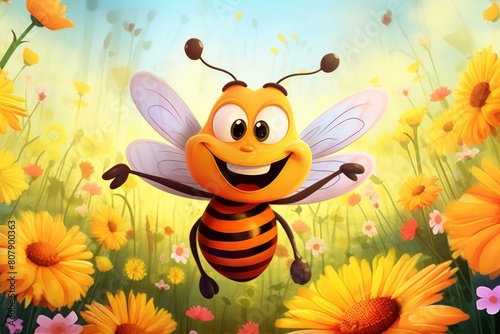 A cartoon bee flies over a meadow with yellow flowers and collects pollen. May 20  World bee day