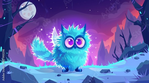Monster cat on alien or fantasy planet landscape. Cartoon funny fluffy character with fairy wings and antennae. Odd kitten to represent Halloween. Illustration in modern format. photo