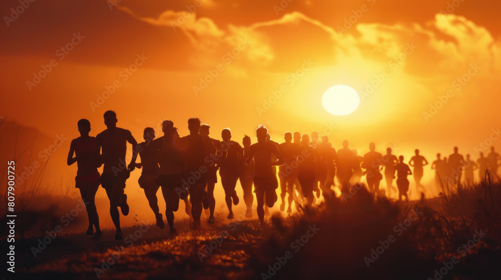 silhouetted athletes running side by side during a dawn marathon, with the glow of the rising sun illuminating the path ahead, symbolizing the shared journey of endurance and perseverance. silhouetted athletes running side by side during a dawn marathon, with the glow of the rising sun illuminating the path ahead, symbolizing the shared journey of endurance and perseverance.