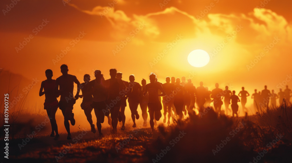 silhouetted athletes running side by side during a dawn marathon, with the glow of the rising sun illuminating the path ahead, symbolizing the shared journey of endurance and perseverance.