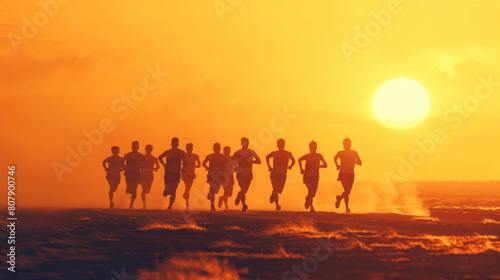 silhouetted athletes running side by side during a dawn marathon, with the glow of the rising sun illuminating the path ahead, symbolizing the shared journey of endurance and perseverance.