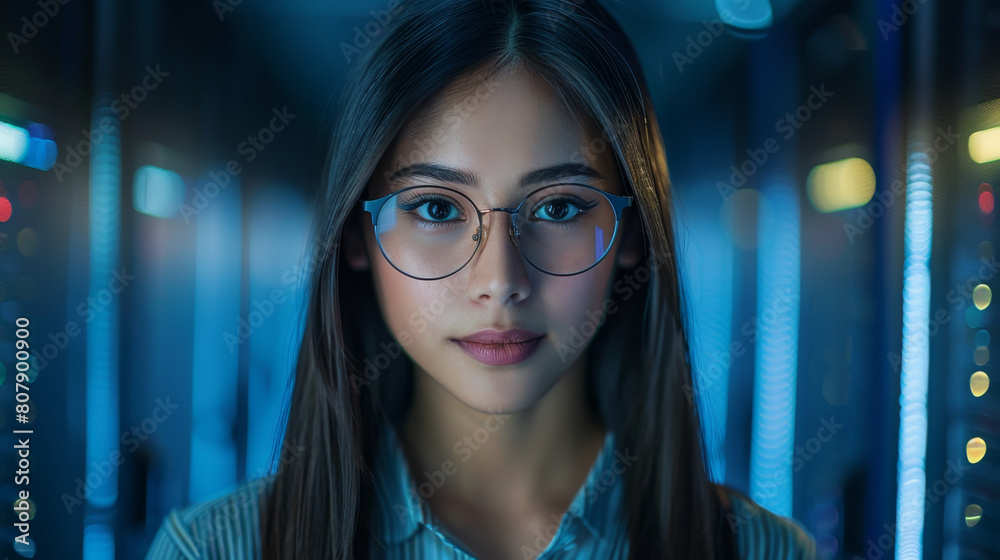Young businesswoman with glasses in dark data center Young businesswoman with glasses in dark data center