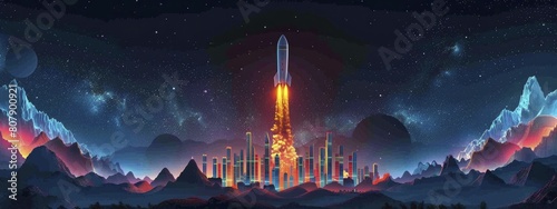 Tech Startup Visual Concept with Rocket Launching from Bar Graph in Space