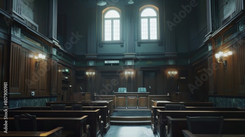 An empty courtroom with a judge's bench and jury box. photo