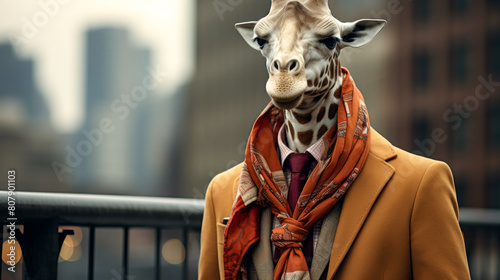A chic giraffe struts in a designer trench coat, with a silk scarf fluttering in the wind.