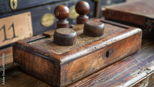 A very old, worn desk accessory made of dark wood.