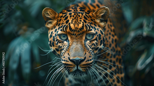 Close-up of vivid spotted leopard in dark background.