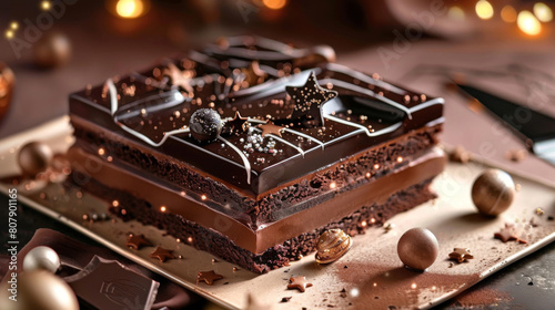 Decadent Chocolate Layer Cake Sprinkled With Gold Dust For Gourmet Celebration © Oksana Smyshliaeva