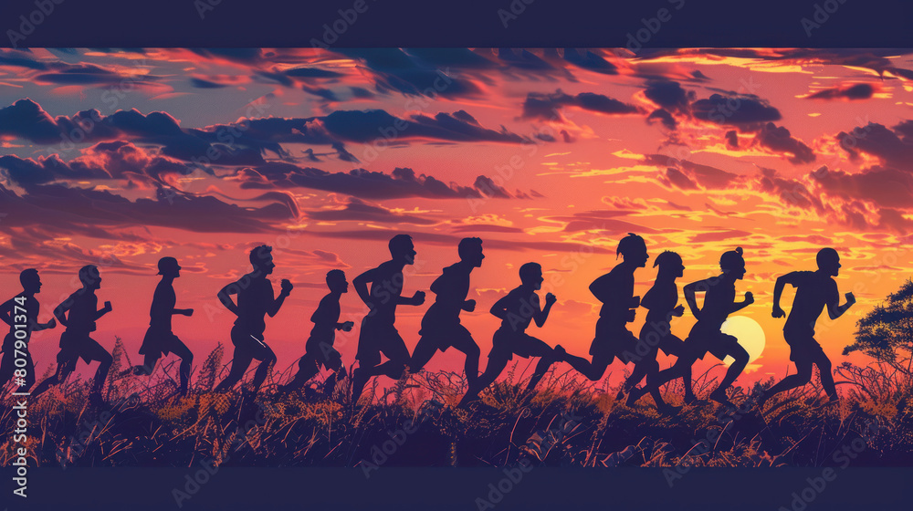 Fototapeta premium all ages and backgrounds participating in a marathon at dawn, their silhouettes blending together as they move forward in unity, representing the strength of diversity in sports.
