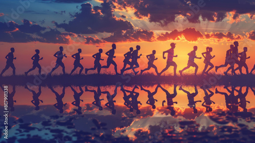 all ages and backgrounds participating in a marathon at dawn  their silhouettes blending together as they move forward in unity  representing the strength of diversity in sports.