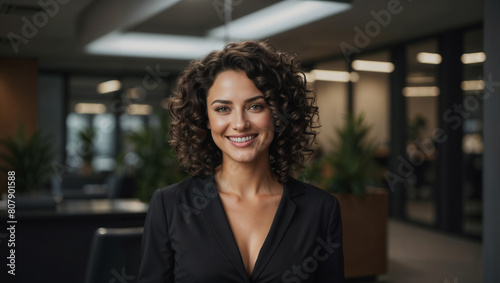 Bella donna con capelli ricci sorride in un moderno ufficio con abito elegante photo