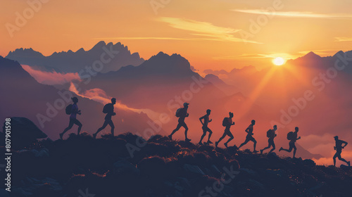 all ages and backgrounds participating in a marathon at dawn  their silhouettes blending together as they move forward in unity  representing the strength of diversity in sports.