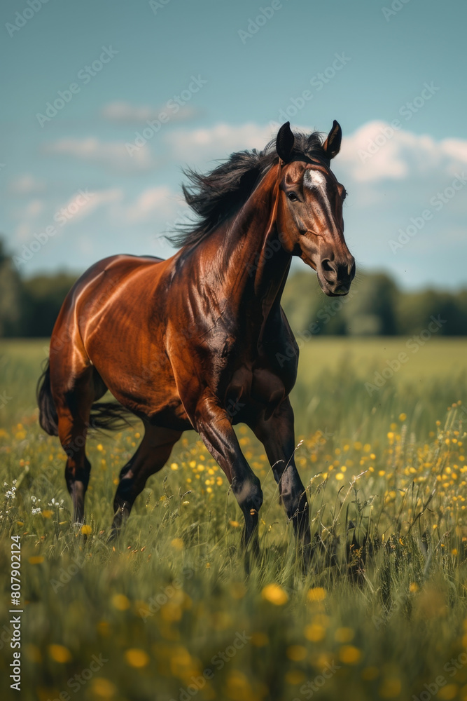 Fototapeta premium A majestic horse galloping freely in a lush green field under a clear blue sky.