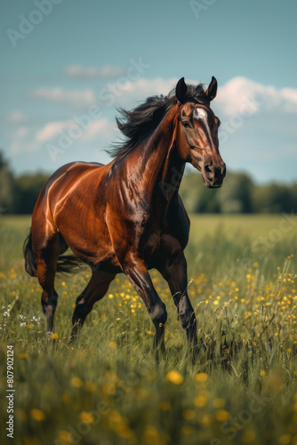 A majestic horse galloping freely in a lush green field under a clear blue sky.