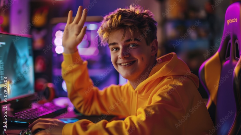 Smiling Teenager at Gaming Setup
