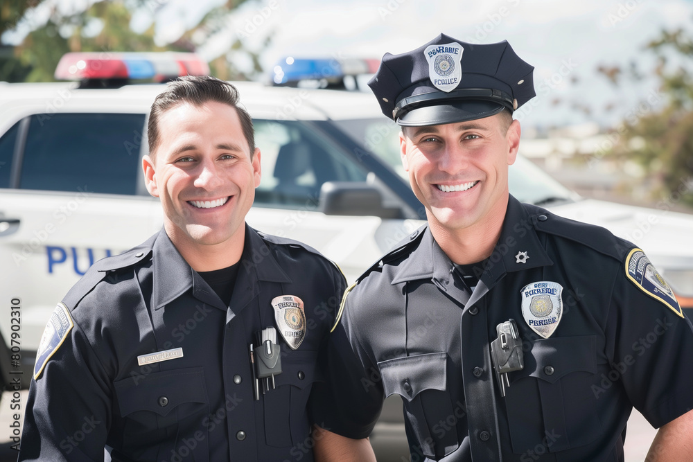 portrait of two smiling police officers, partners in uniform, standing shoulder to shoulder near a patrol car in the background. With a focus on their camaraderie and professionali portrait of two smiling police officers, partners in uniform, standing shoulder to shoulder near a patrol car in the background. With a focus on their camaraderie and professionali