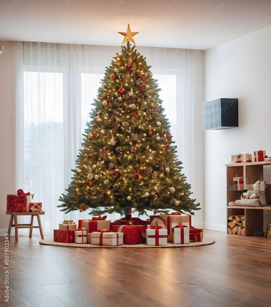 Christmas tree decorated with beautiful living room on wooden floor. Empty white wall background