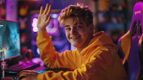 Smiling Teenager at Gaming Setup