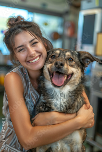 Joyful woman hugging dog at adoption center