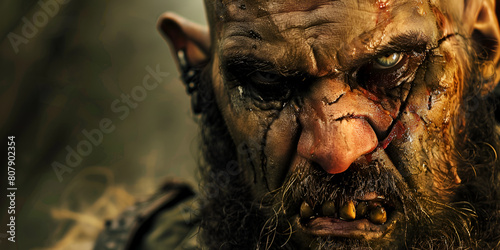 Imposing and powerful portrait of an Orc war boss for video games designs and creations with gry background photo