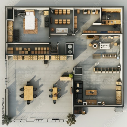 floor plan of a warehouse interior, crates, offices photo