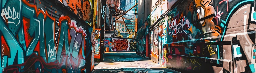 Fototapeta premium Explore the intersection of street art and AI advancements Show a graffiti-covered alley with hidden digital elements blending seamlessly Use photorealistic textures to enhance the