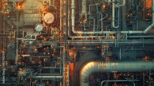 a massive oil refinery, with intricate pipelines crisscrossing the landscape and storage tanks gleaming in the sunlight, highlighting the complexity of the petroleum industry. © NooPaew