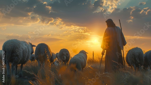 A shepherd stands in a field of wheat with his sheep at sunset. photo