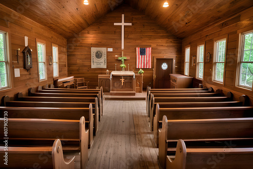Beautiful interior of little country church in the Great Smoky Mountains National Park. Interior of church