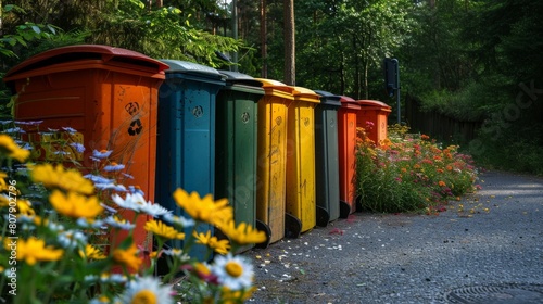 row of brightly-colored trash cans placed alongside a bed of colorful flowers in a urban setting