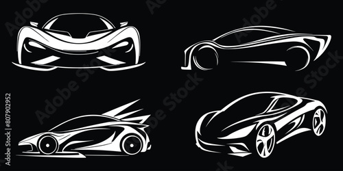 Set sports car, logo design, isolated on black background, vector illustration.