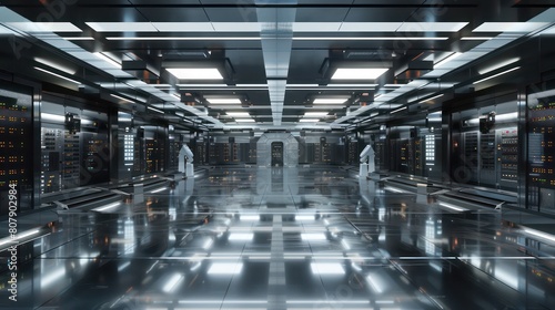 artificial Intelligence data center hardware, shiny reflective floor