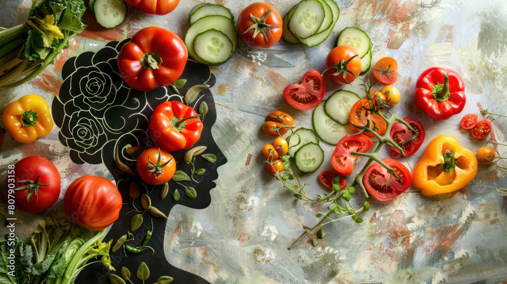 an artistic depiction of a female silhouette surrounded by vegetables like kale, bell peppers, and Brussels sprouts forming the shape of a brain, illustrating the concept of 'brain-boosting' foods