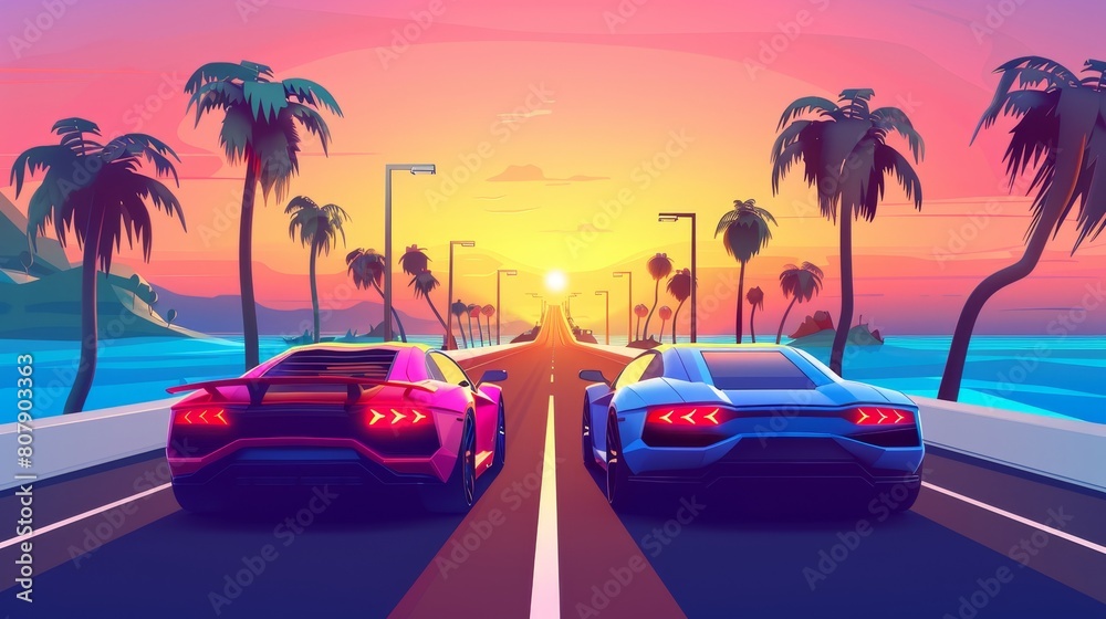 Stunning tropical sunset cartoon illustration. Cars driving on highway and palm trees along the side. Sunset cartoon illustration.