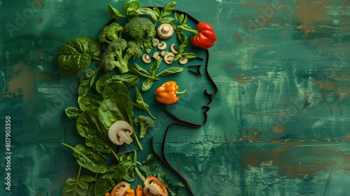 an artistic depiction of a female silhouette surrounded by vegetables like kale  bell peppers  and Brussels sprouts forming the shape of a brain  illustrating the concept of  brain-boosting  foods