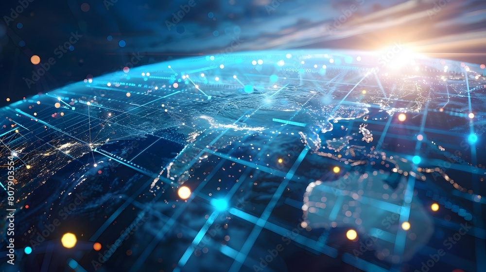 Digital world globe, concept of global network and connectivity on Earth, high speed data transfer and cyber technology, information exchange and international telecommunication Digital world globe, concept of global network and connectivity on Earth, high speed data transfer and cyber technology, information exchange and international telecommunication