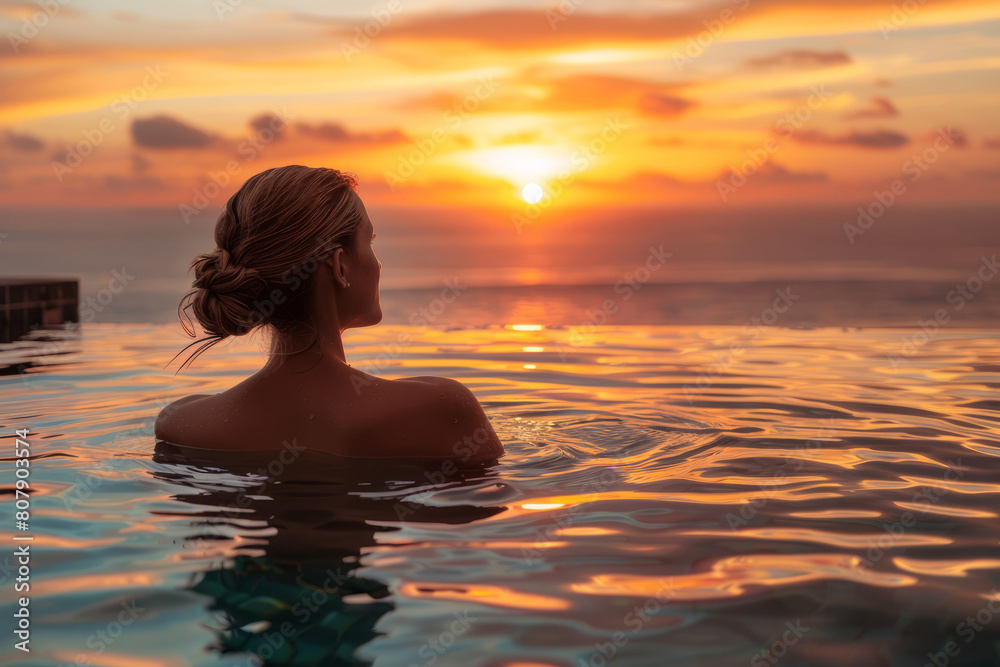 Woman enjoying serene sunset while swimming in calm water Woman enjoying serene sunset while swimming in calm water